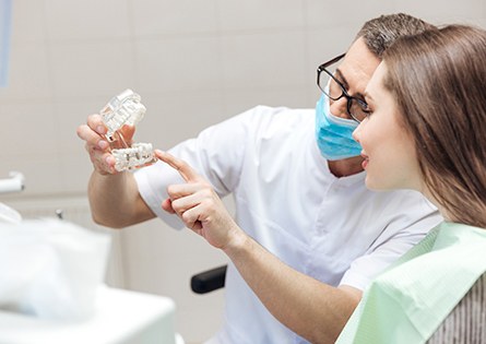 dentist showing a patient a model of a dental implant