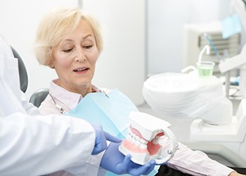 Patient in Dallas talking to dentist about dentures