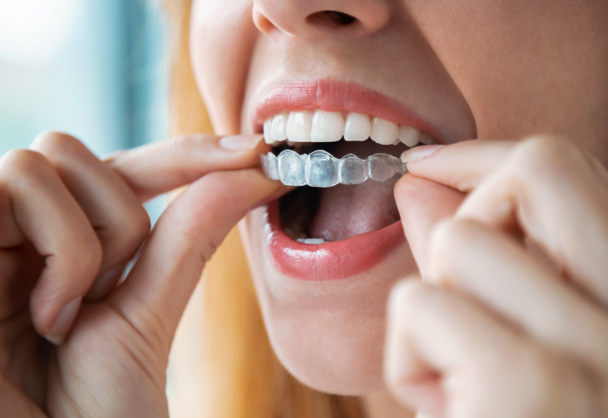 Woman putting on clear aligner